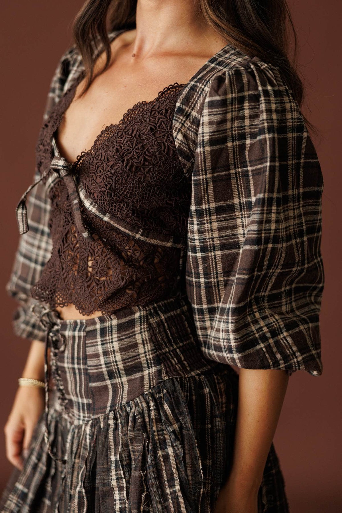 Harvest Social Plaid Top in chocolate, front view of the lace bodice and tie front
