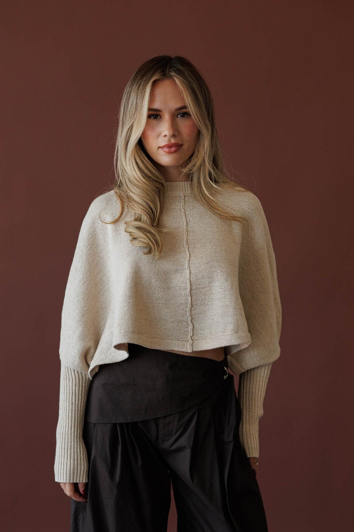 Quiet Morning Mock Neck Sweater, in cream, front view with black trousers
