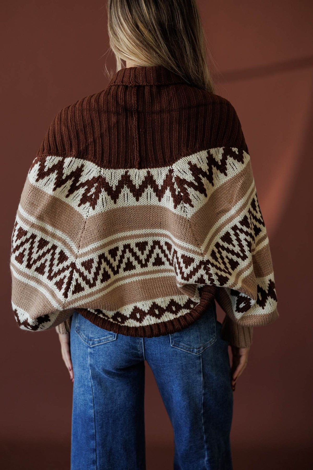 The Lodge Shrug Set, back view of the patterned shrug