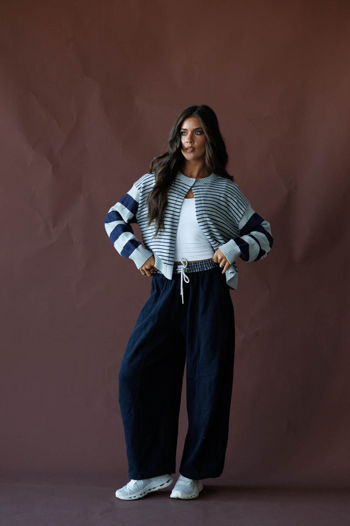 Navy and cream stripe cardigan, front view