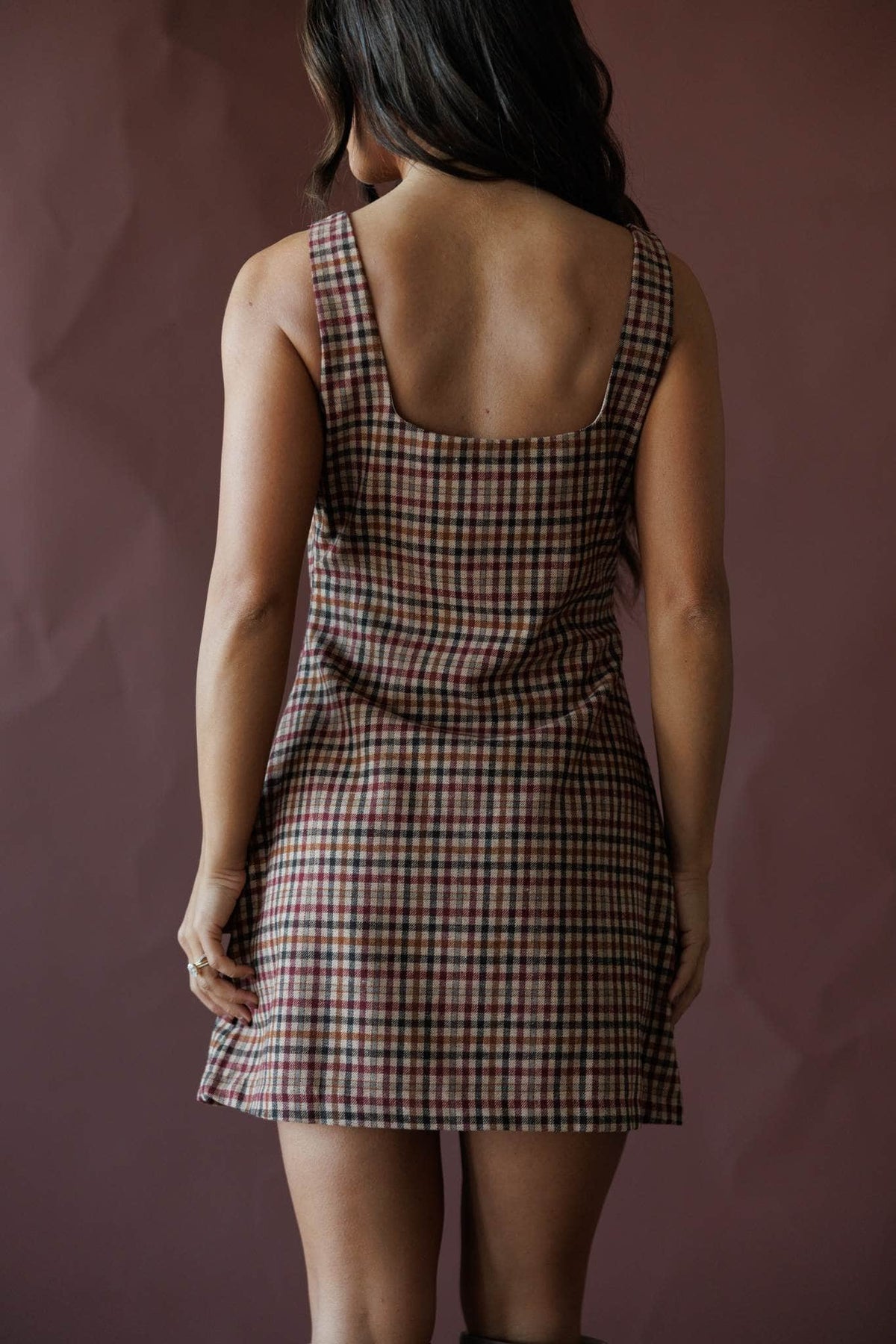 Tan plaid pinafore mini dress