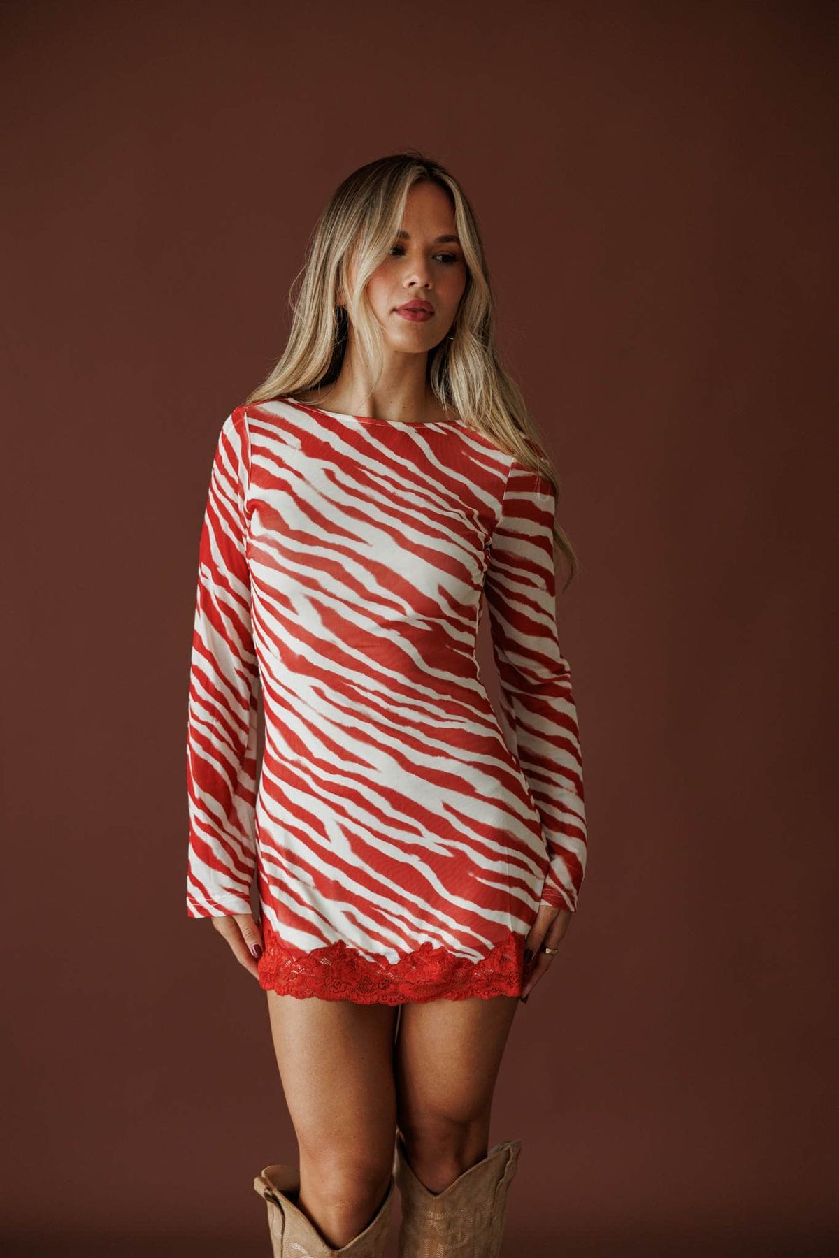 Wild Streak Mesh Mini Dress in tomato red, front view showing the animal stripe mesh dress