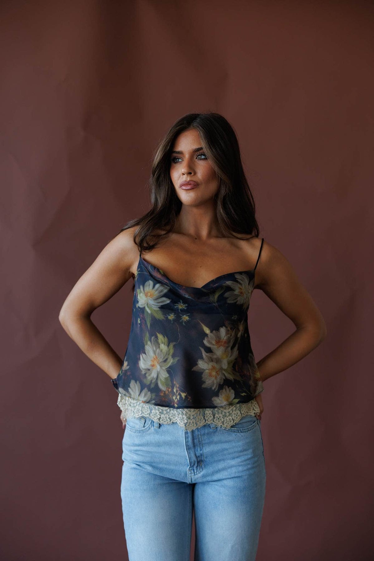 Dark floral lace trim camisole, front view