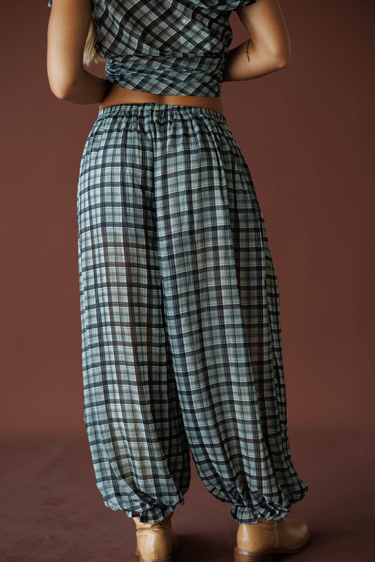 Willow Retreat Pants in grey combo plaid, back view showing the elastic waist