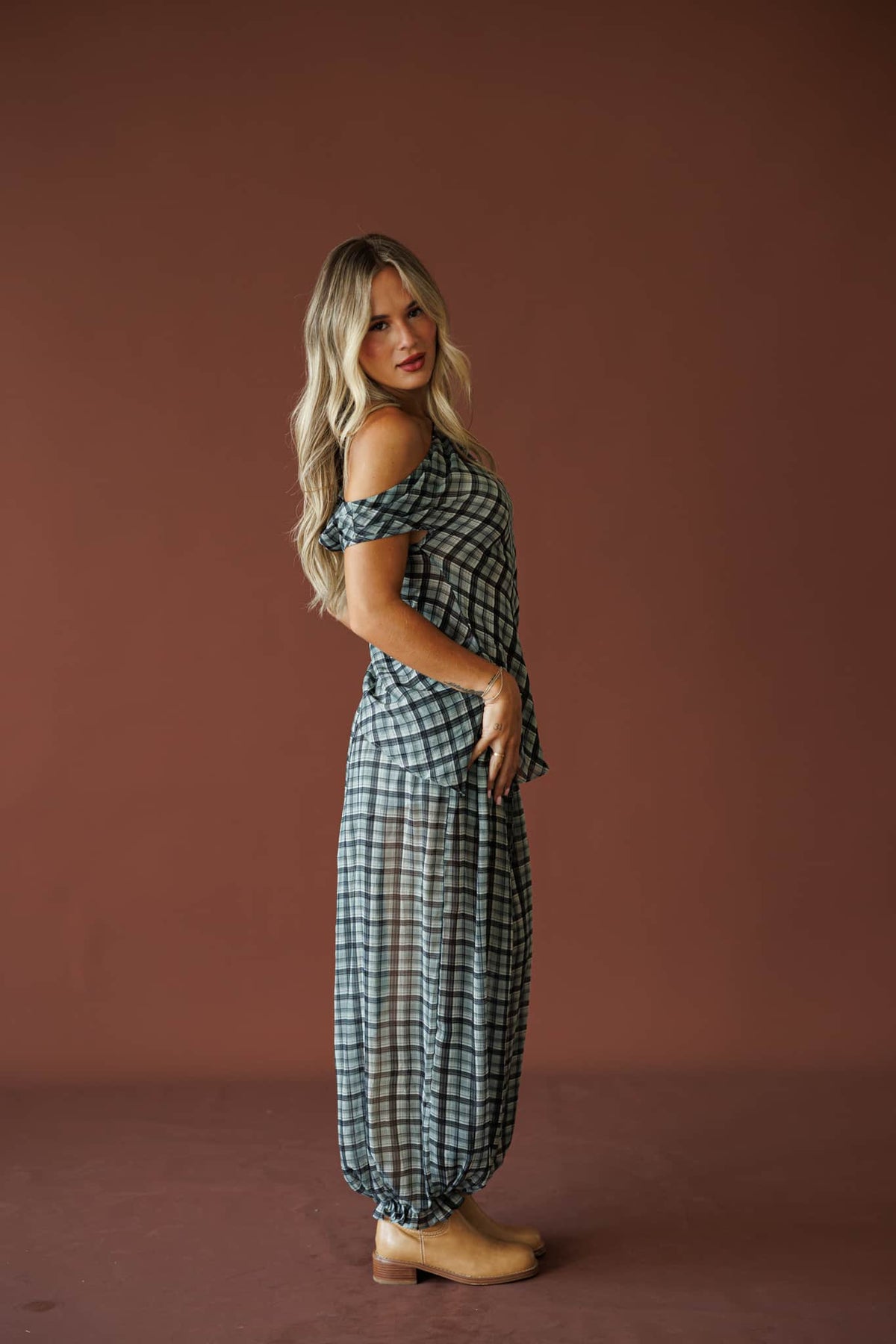 Willow Retreat Pants in grey combo plaid, full-length side view with the matching top