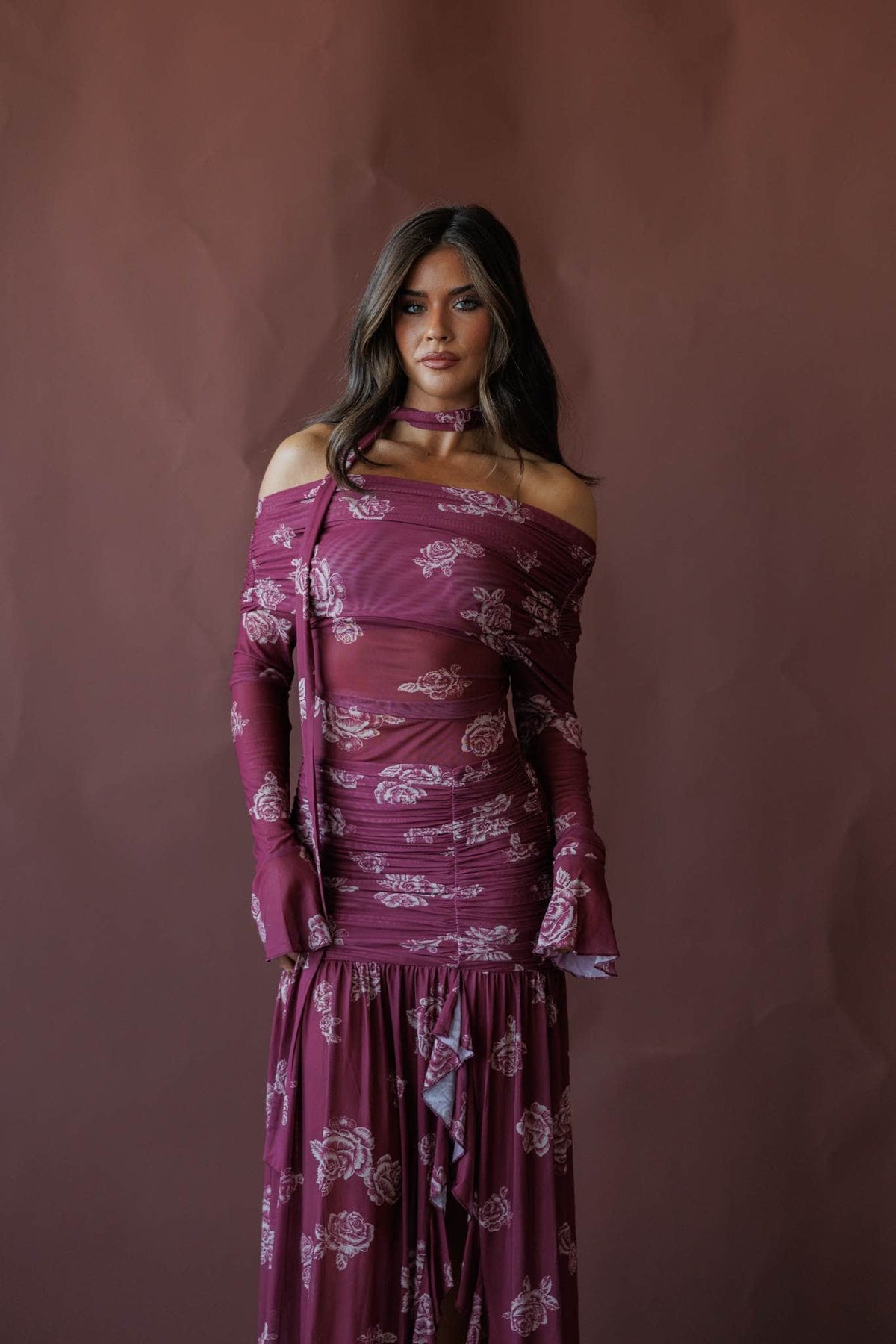 Wine floral off the shoulder maxi dress