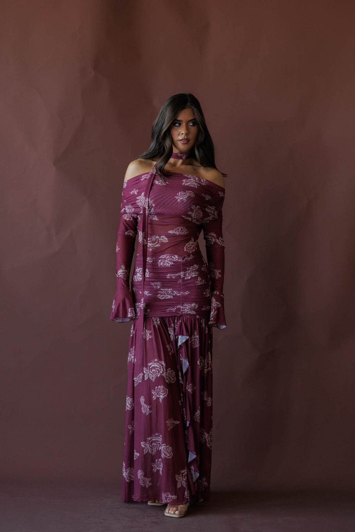 Wine floral off the shoulder maxi dress, front view