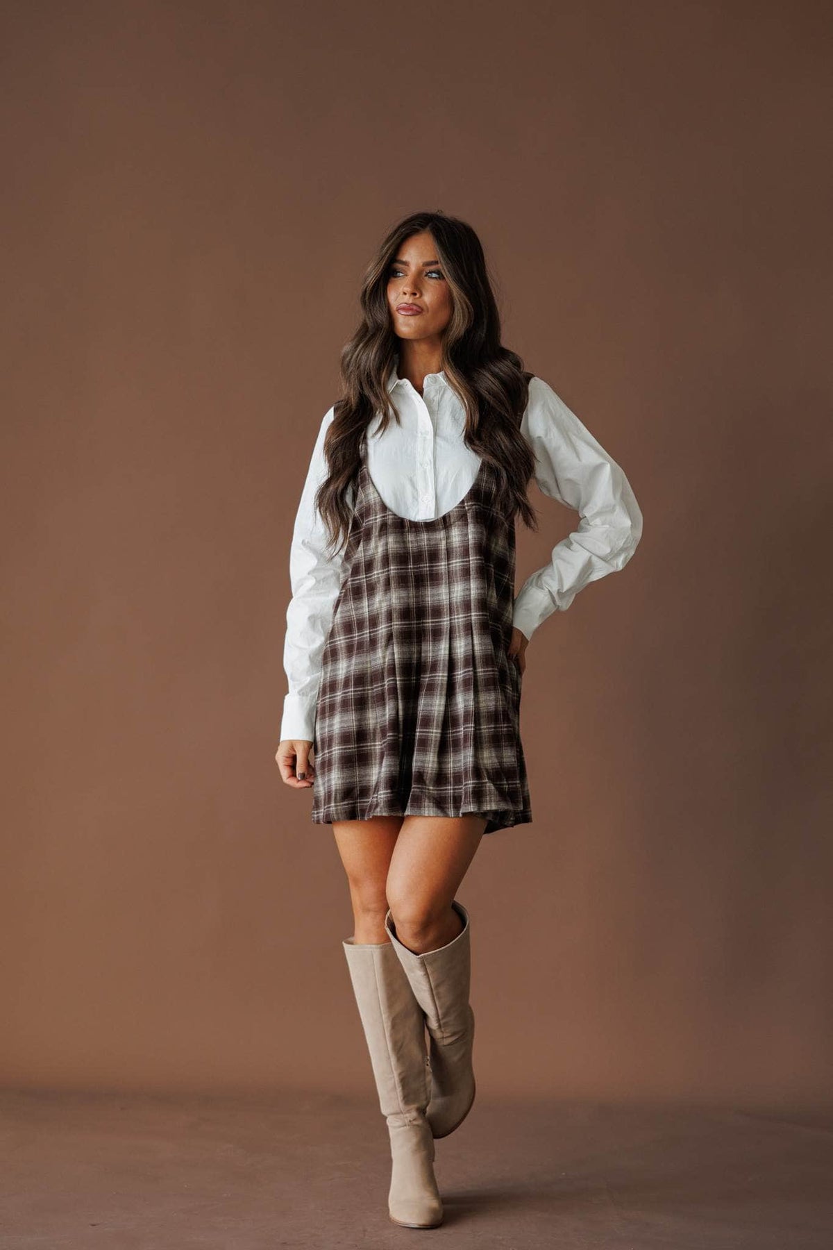 Plaid mini dress, front view