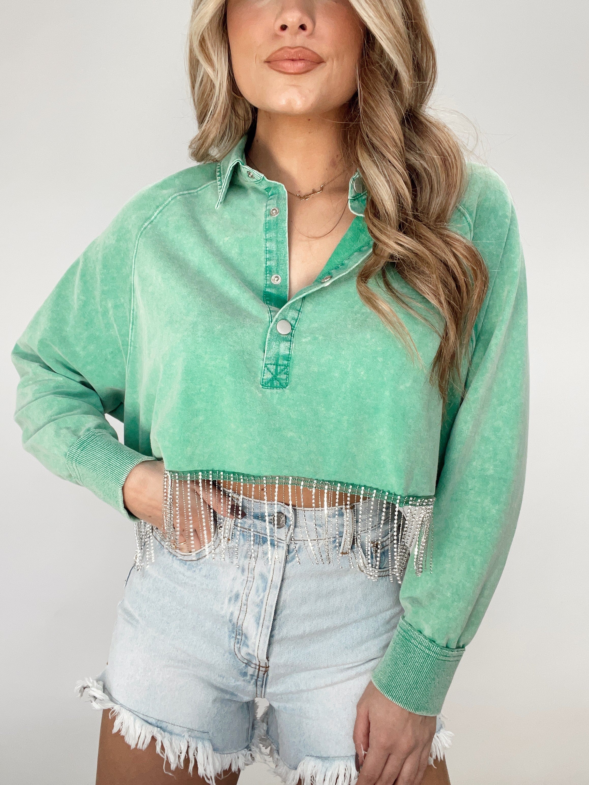 22235T green polo with rhinestone fringe Blue B