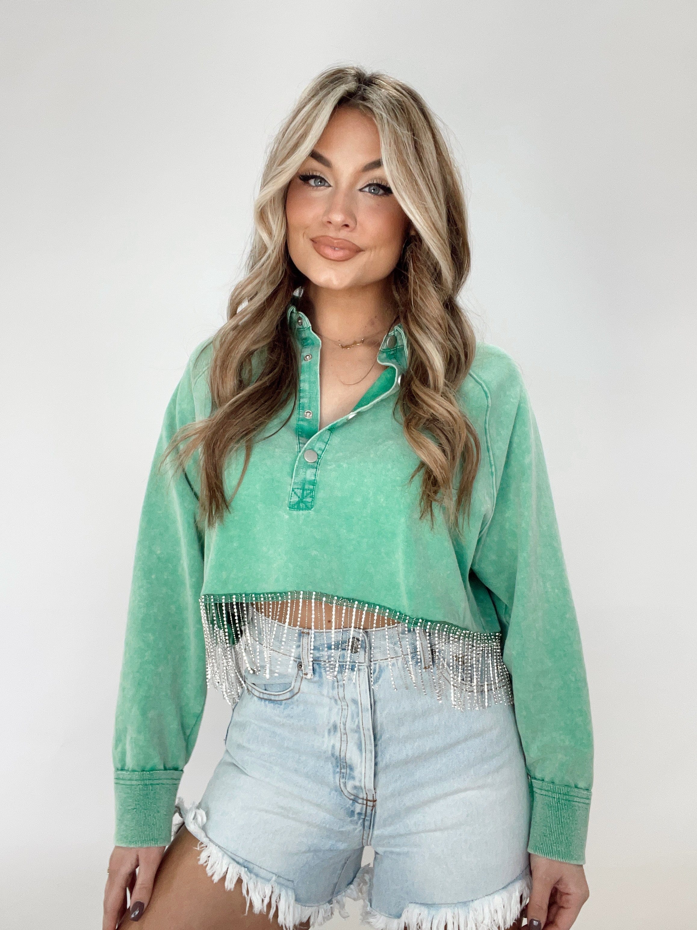 22235T green polo with rhinestone fringe Blue B