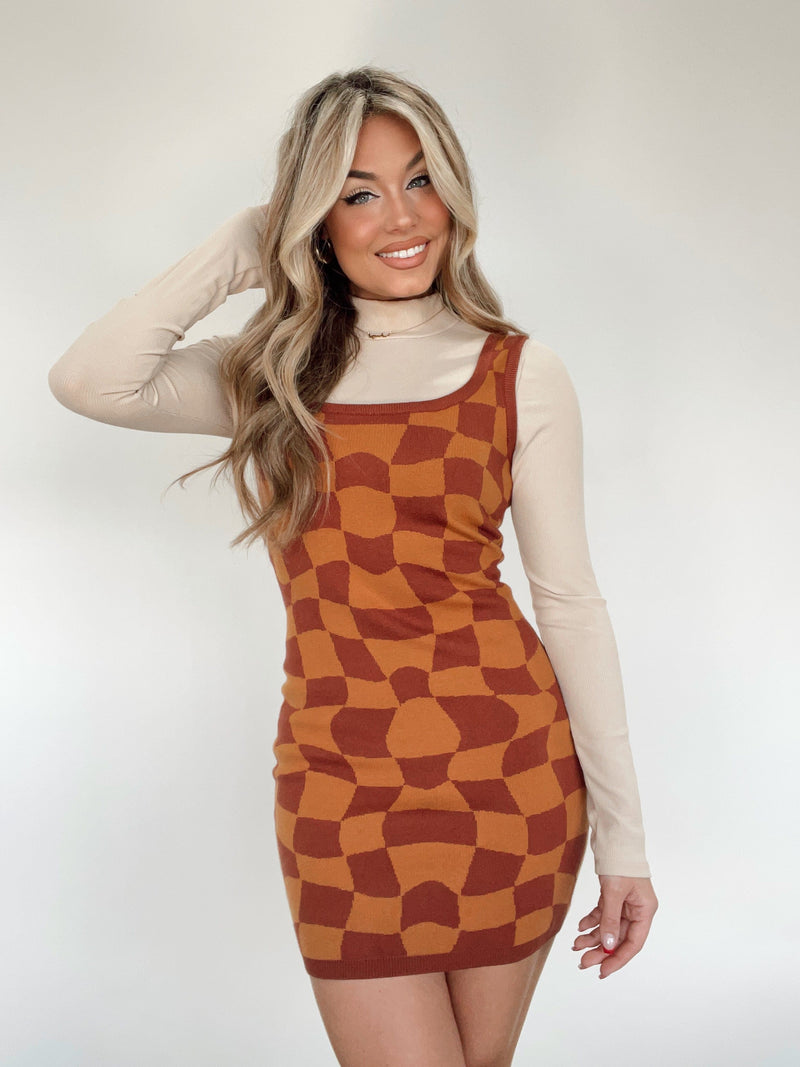 BRW1002-1 Rust multi checkered sweater dress Bailey Rose