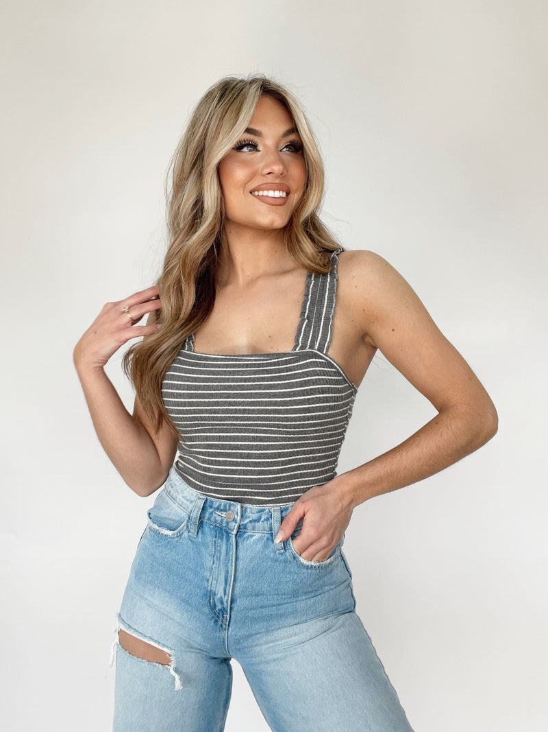 Charcoal Striped Ruffle Ribbed Bodysuit LE LIS
