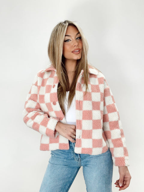 Pink checked jacket sale