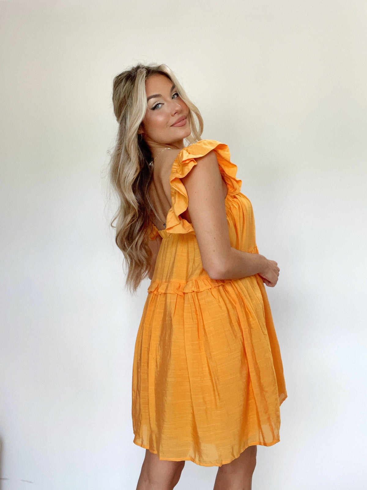 ILD1203 tangerine ruffle dress BLUE BLUSH
