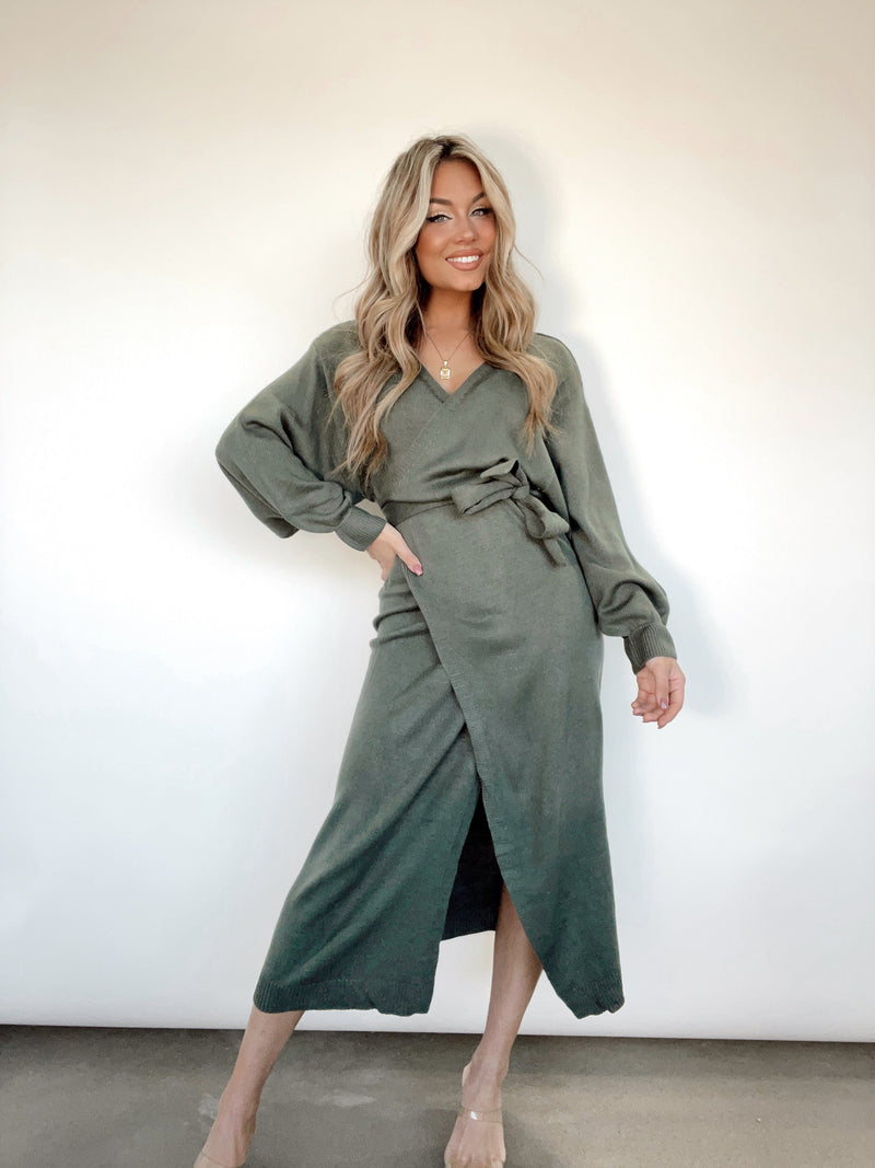 Olive Hidden Trails Sweater Wrap Dress MABLE