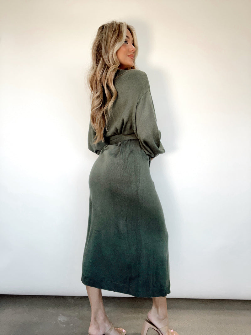 Olive Hidden Trails Sweater Wrap Dress MABLE