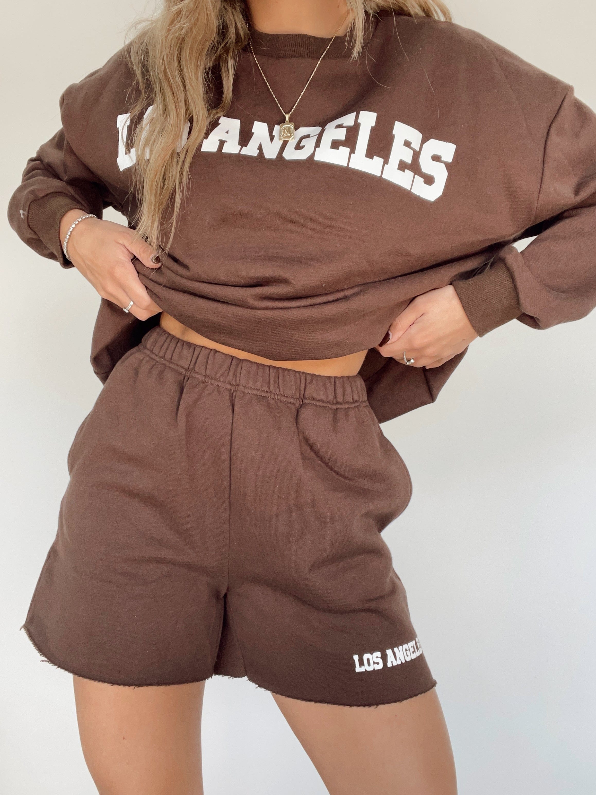 PSP337 brown LA fleece shorts Pretty Garbage