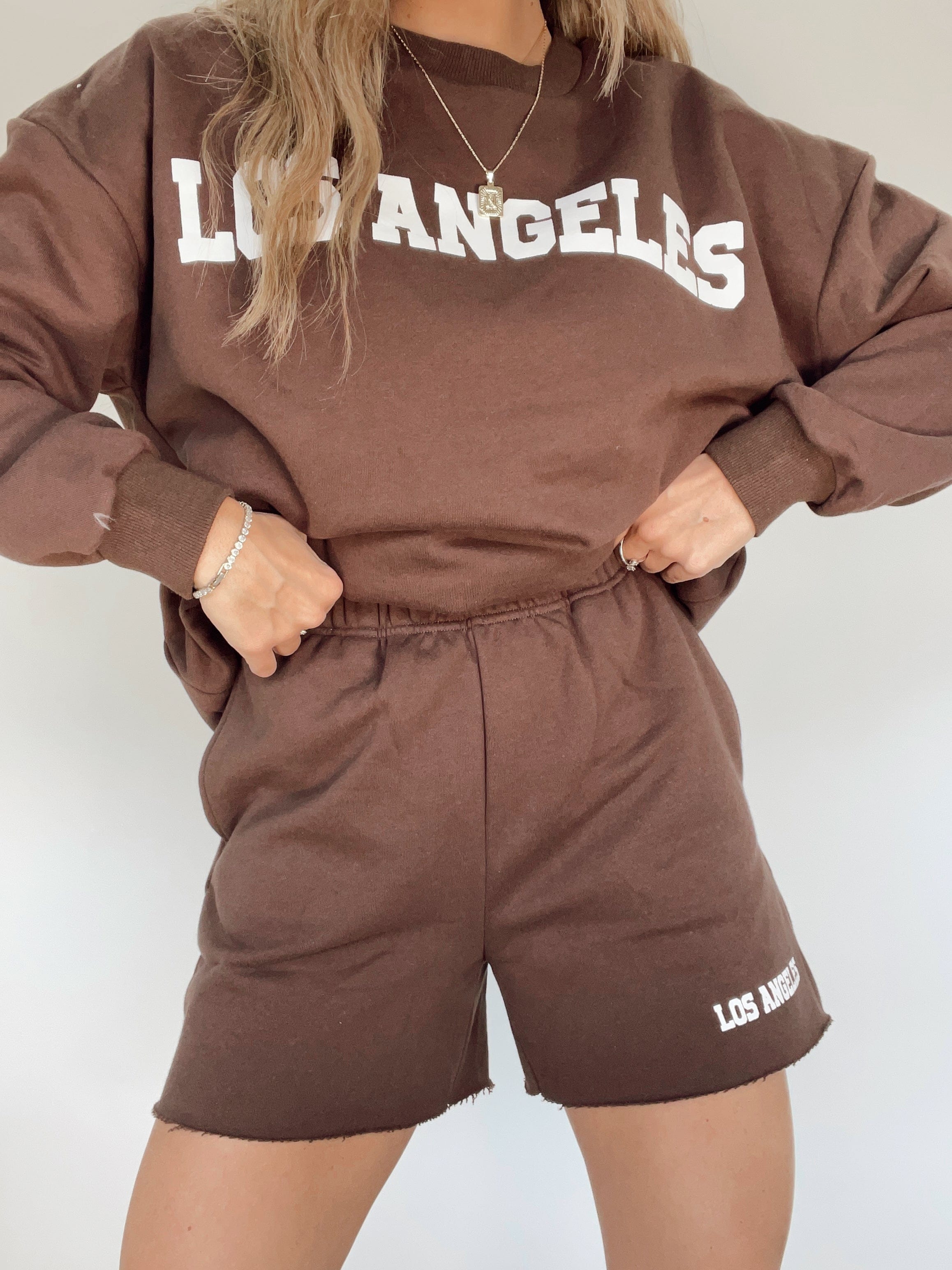 PSP337 brown LA fleece shorts Pretty Garbage