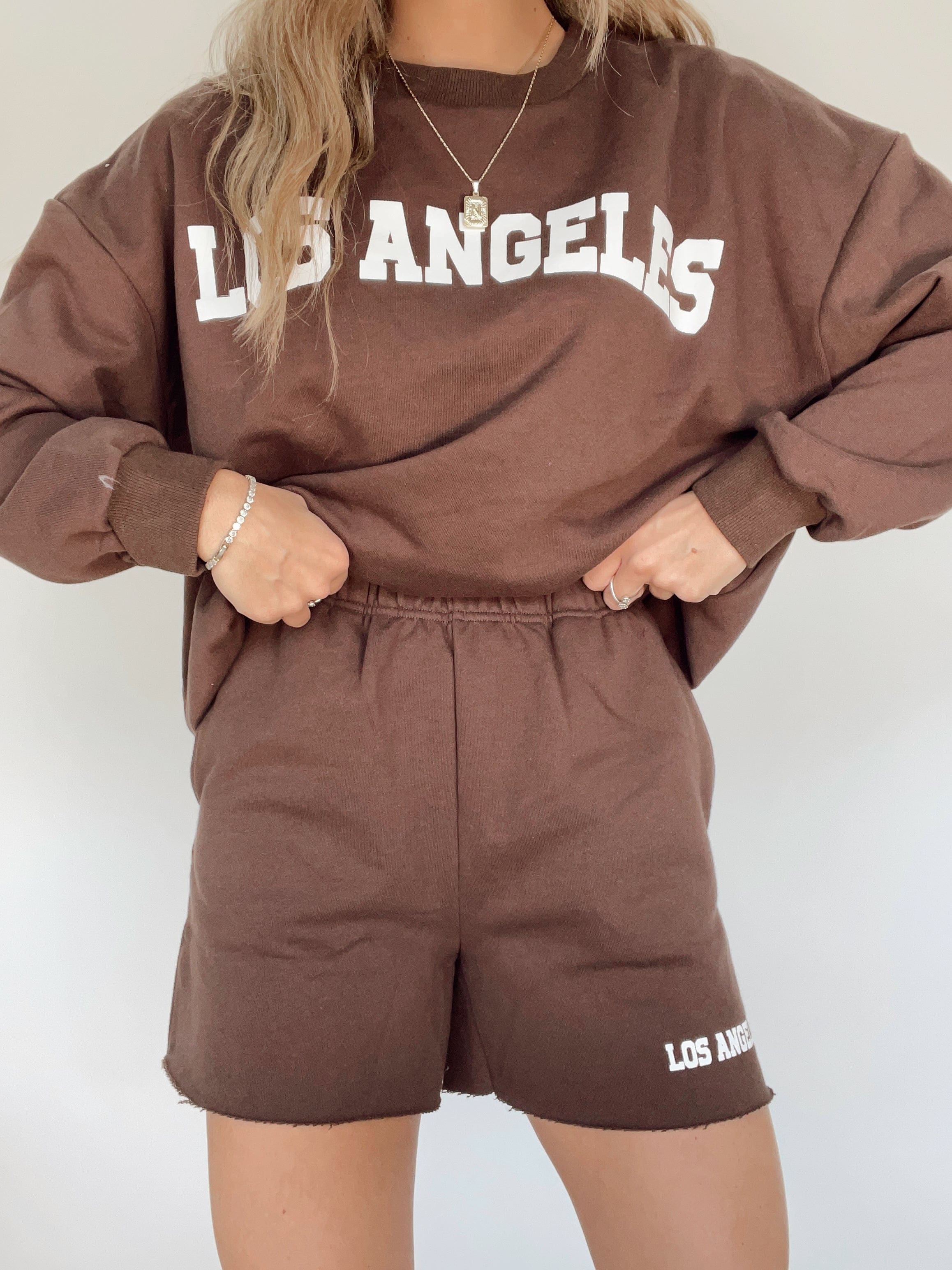 PSP337 brown LA fleece shorts Pretty Garbage