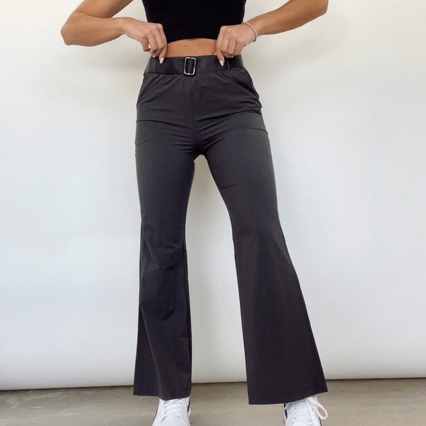 Women's Gray Solid Color High Waist Ribbed Flare Pants