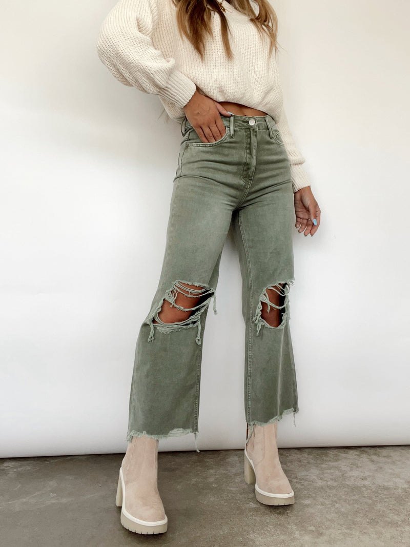 Olive Green 2-piece Coord Crop Top High Waisted Ankle Cropped Kick